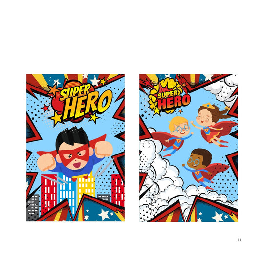 Two vibrant custom event banners featuring cartoon superheroes in action, with bright colors and dynamic backgrounds. Two vibrant custom event banners featuring cartoon superheroes in action, with bright colors and dynamic backgrounds.