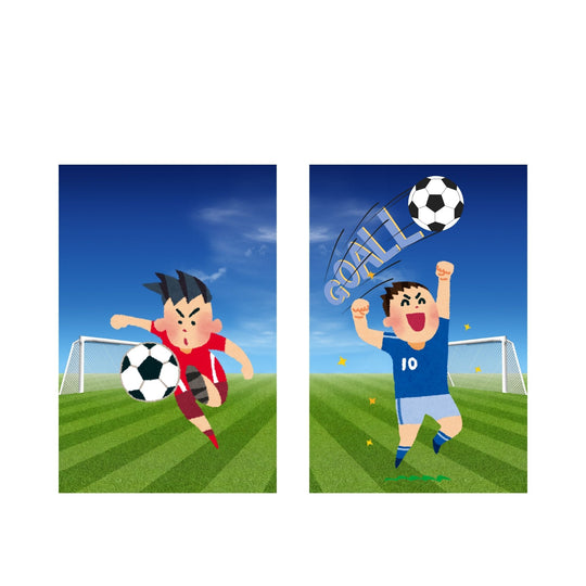 Two colorful soccer banners featuring cartoon players, one in red and one in blue, celebrating a goal on a grassy field. Two colorful soccer banners featuring cartoon players, one in red and one in blue, celebrating a goal on a grassy field.