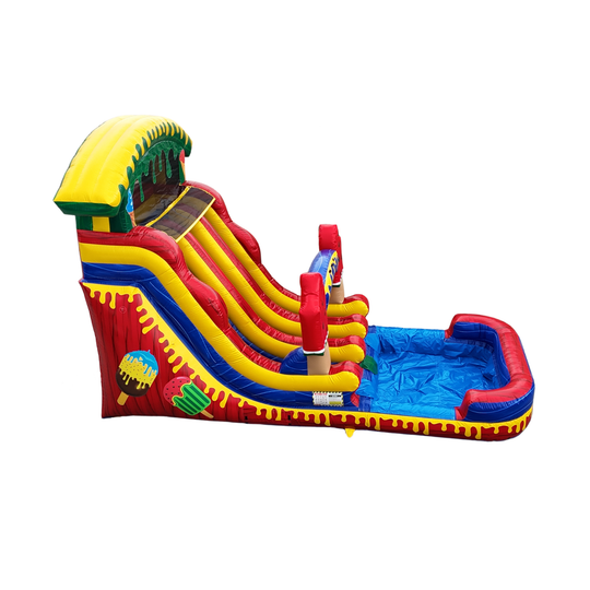 Colorful watermelon-themed commercial water slide for sale with two sliding lanes and a splash pool at the bottom. Colorful watermelon-themed commercial water slide for sale with two sliding lanes and a splash pool at the bottom.