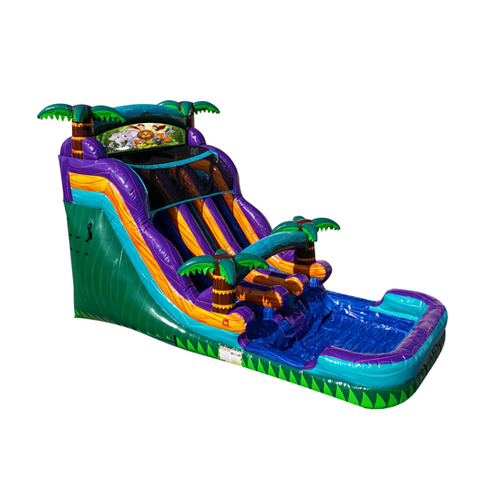 Vibrant tropical green commercial water slide featuring palm trees and a large splash pool. Vibrant tropical green commercial water slide featuring palm trees and a large splash pool.