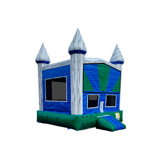 Green and blue commercial bounce house for sale with castle-like towers and a slide. Green and blue commercial bounce house for sale with castle-like towers and a slide.