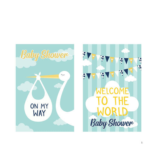 Two colorful baby shower banners featuring a stork and clouds, with text 'On My Way' and 'Welcome to the World'. Two colorful baby shower banners featuring a stork and clouds, with text 'On My Way' and 'Welcome to the World'.