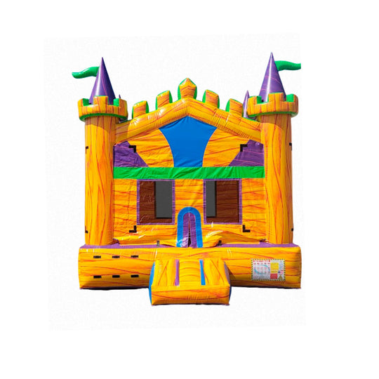 Colorful inflatable castle bounce house with purple towers and a vibrant orange and yellow design, set against a plain Colorful inflatable castle bounce house with purple towers and a vibrant orange and yellow design, set against a plain