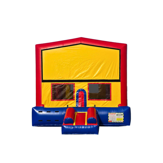 Bright yellow and red commercial bounce house for sale with a blue entrance and two inflatable slides. Bright yellow and red commercial bounce house for sale with a blue entrance and two inflatable slides.