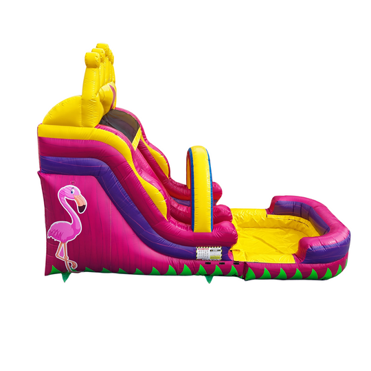 Colorful pink and yellow commercial water slide featuring a flamingo design, with a splash pool at the base. Colorful pink and yellow commercial water slide featuring a flamingo design, with a splash pool at the base.