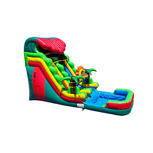 Brightly colored WS-266S Tropical Adventure Water Slide featuring green, red, and yellow sections, with palm tree decorations Brightly colored WS-266S Tropical Adventure Water Slide featuring green, red, and yellow sections, with palm tree decorations