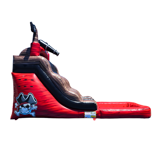 Red and brown inflatable water slide featuring a pirate theme, with a slide leading to a splash pool. Red and brown inflatable water slide featuring a pirate theme, with a slide leading to a splash pool.