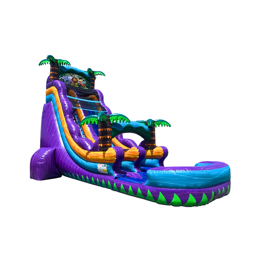 Vibrant purple tropical water slide featuring palm trees and a colorful design, set against a white background. Vibrant purple tropical water slide featuring palm trees and a colorful design, set against a white background.
