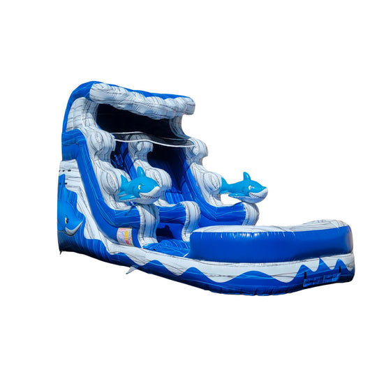 Blue and white inflatable water slide featuring shark designs, designed for outdoor fun. Blue and white inflatable water slide featuring shark designs, designed for outdoor fun.
