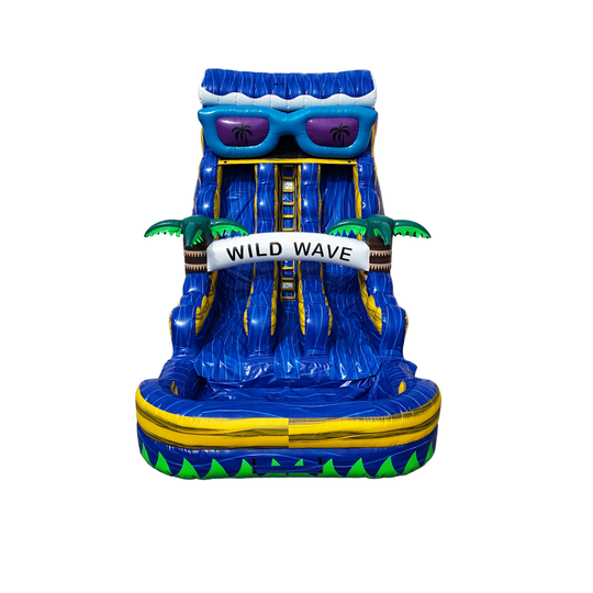 A vibrant blue inflatable water slide featuring palm trees and sunglasses, designed for fun in a backyard setting. A vibrant blue inflatable water slide featuring palm trees and sunglasses, designed for fun in a backyard setting.