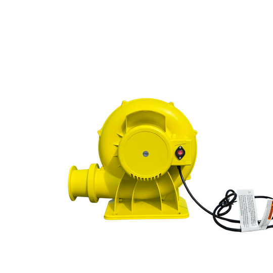Bright yellow blower with a power switch, designed for inflating bounce houses, displayed against a white background. Bright yellow blower with a power switch, designed for inflating bounce houses, displayed against a white background.