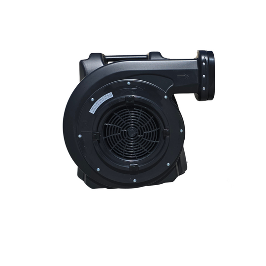 Black RLD blower with a circular fan and handle, designed for inflating bounce houses. Black RLD blower with a circular fan and handle, designed for inflating bounce houses.