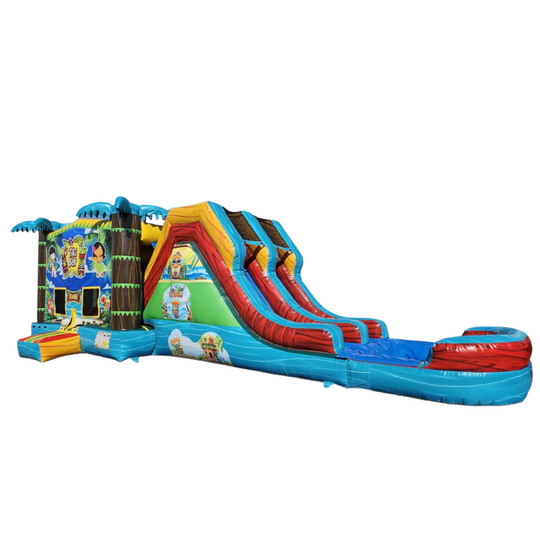 Colorful inflatable combo water slide featuring a tiki theme with dual slides and a splash pool. Colorful inflatable combo water slide featuring a tiki theme with dual slides and a splash pool.