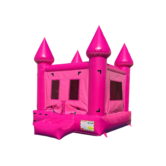 Bright magenta bounce house with four tall spires and large windows, ideal for outdoor events. Bright magenta bounce house with four tall spires and large windows, ideal for outdoor events.