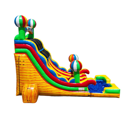 Brightly colored commercial water slide for sale featuring two slides with beach ball decorations and a splash pool at the Brightly colored commercial water slide for sale featuring two slides with beach ball decorations and a splash pool at the