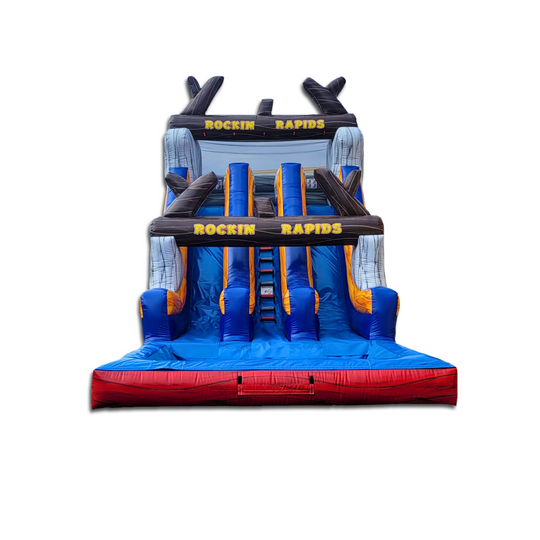Colorful Rocking Rapids water slide featuring two sliding lanes and a splash pool at the base, designed for outdoor fun. Colorful Rocking Rapids water slide featuring two sliding lanes and a splash pool at the base, designed for outdoor fun.