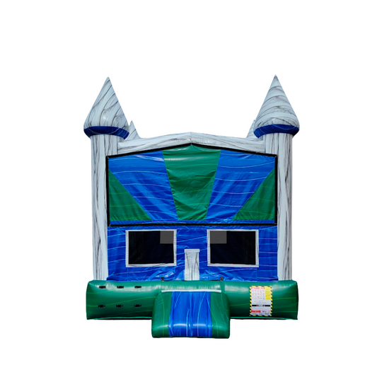 Green and blue commercial bounce house with castle-like towers, featuring a large jumping area and entrance. Green and blue commercial bounce house with castle-like towers, featuring a large jumping area and entrance.