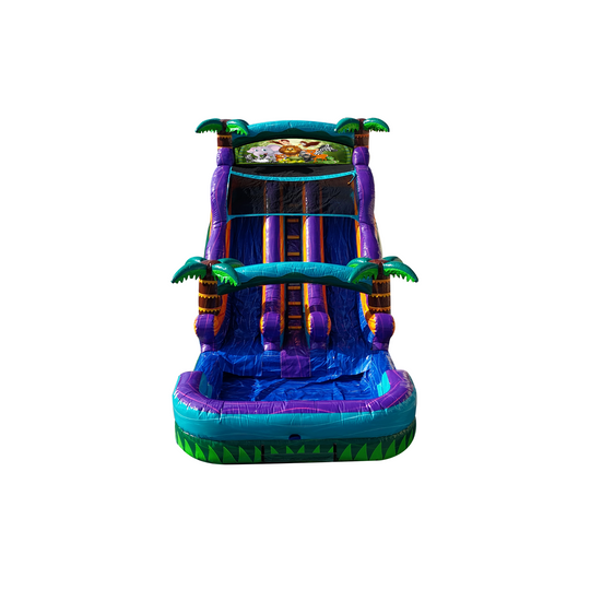 Colorful 18-foot tropical green water slide featuring palm trees and a water pool at the base, ideal for summer fun. Colorful 18-foot tropical green water slide featuring palm trees and a water pool at the base, ideal for summer fun.