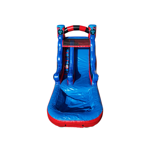 Bright blue and red commercial water slide featuring a toxic theme, with a tall slide and splash pool at the bottom. Bright blue and red commercial water slide featuring a toxic theme, with a tall slide and splash pool at the bottom.