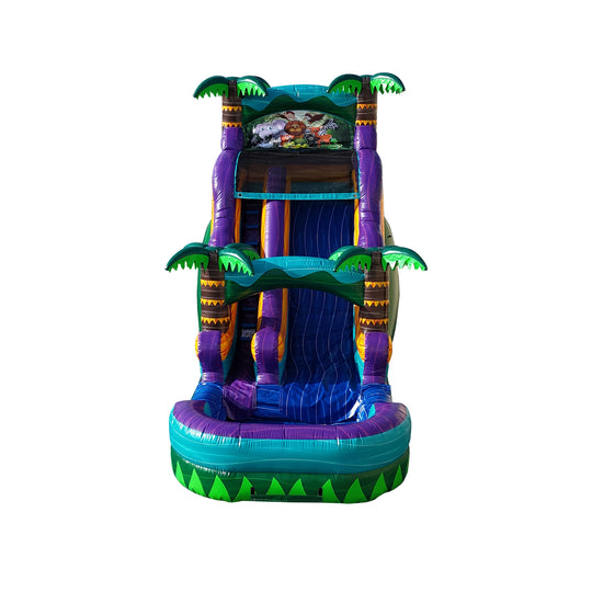 Tropical green water slide with palm trees, featuring a vibrant purple and blue design, suitable for outdoor fun. Tropical green water slide with palm trees, featuring a vibrant purple and blue design, suitable for outdoor fun.