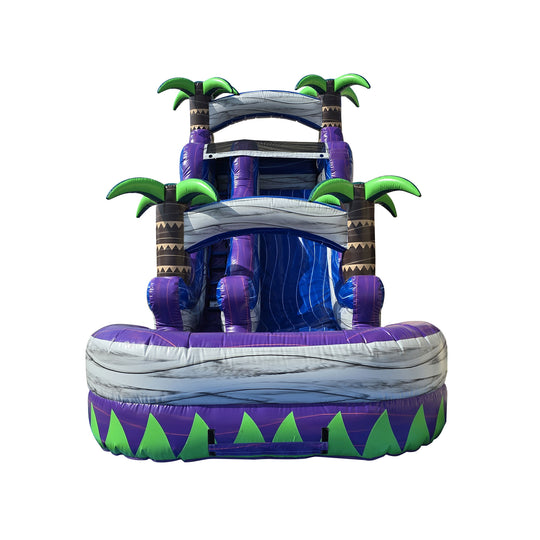 Purple Rush Water Slide featuring palm trees and a splash pool, designed for fun in outdoor settings. Purple Rush Water Slide featuring palm trees and a splash pool, designed for fun in outdoor settings.