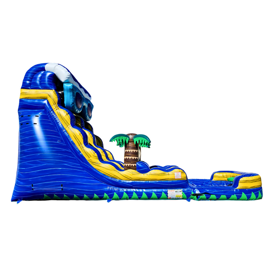 Blue Crush commercial water slide featuring a wave design and palm tree accents, set against a white background. Blue Crush commercial water slide featuring a wave design and palm tree accents, set against a white background.