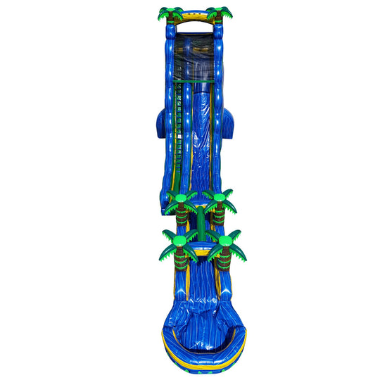 Large blue inflatable water slide with palm tree decorations, featuring a steep slide and splash pool, ideal for summer fun. Large blue inflatable water slide with palm tree decorations, featuring a steep slide and splash pool, ideal for summer fun.