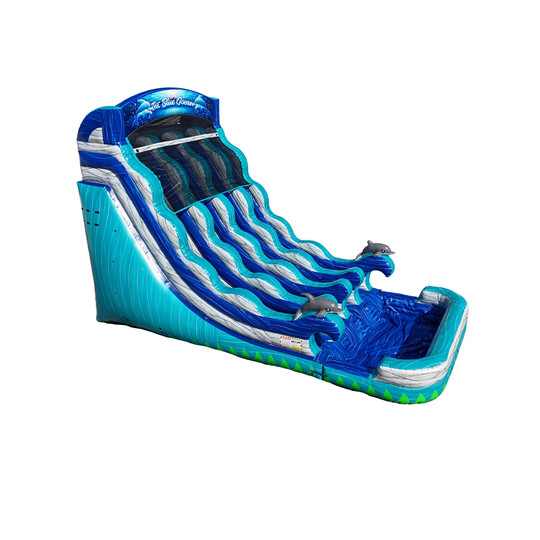 A vibrant blue inflatable water slide featuring dolphin accents, designed for outdoor fun. A vibrant blue inflatable water slide featuring dolphin accents, designed for outdoor fun.