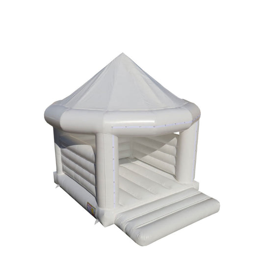 White inflatable castle with a peaked roof and open entrance, designed as a commercial bounce house for sale. White inflatable castle with a peaked roof and open entrance, designed as a commercial bounce house for sale.