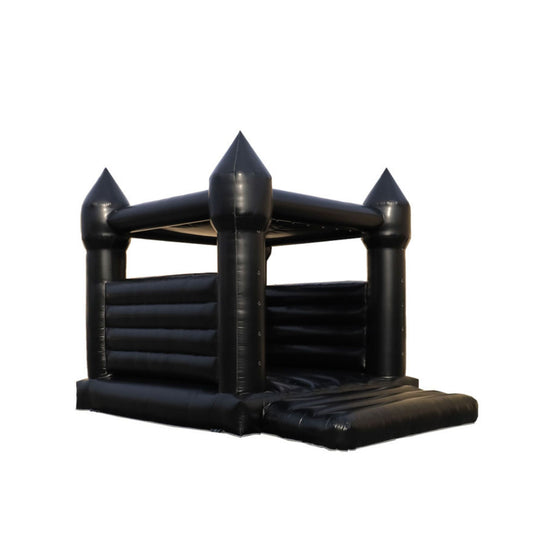 A decorative black inflatable castle with pointed turrets, designed as a commercial bounce house for sale. A decorative black inflatable castle with pointed turrets, designed as a commercial bounce house for sale.