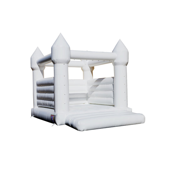 White decorative castle-shaped commercial bounce house for sale with pointed turrets and a spacious jumping area. White decorative castle-shaped commercial bounce house for sale with pointed turrets and a spacious jumping area.