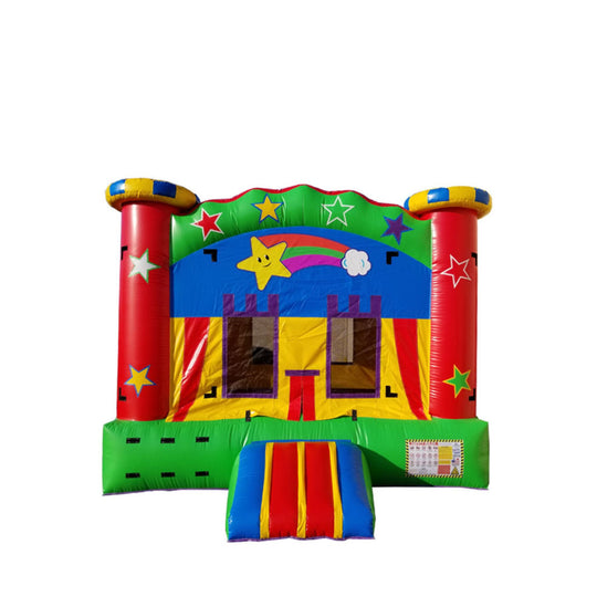 Colorful rainbow-themed commercial bounce house for sale featuring a star design and two red towers. Colorful rainbow-themed commercial bounce house for sale featuring a star design and two red towers.