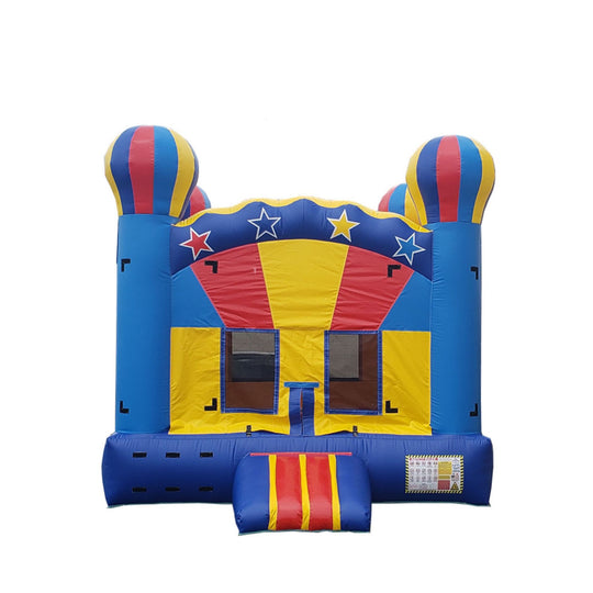 Colorful B-451 Hot Air Balloon Castle with red and blue accents, featuring two balloon-shaped towers and a slide, set against Colorful B-451 Hot Air Balloon Castle with red and blue accents, featuring two balloon-shaped towers and a slide, set against