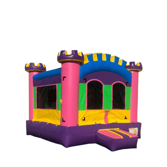 Colorful B-470 Fairy Fortress Castle bounce house featuring pink, purple, and yellow accents, with castle towers and a slide. Colorful B-470 Fairy Fortress Castle bounce house featuring pink, purple, and yellow accents, with castle towers and a slide.