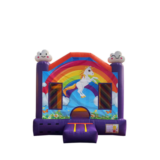 Colorful Fairy Unicorn Castle bounce house featuring a unicorn and rainbow design, ideal for outdoor events. Colorful Fairy Unicorn Castle bounce house featuring a unicorn and rainbow design, ideal for outdoor events.