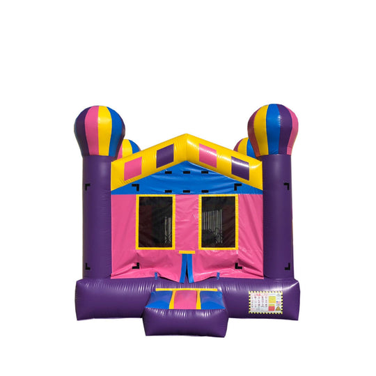 Colorful B-483 Princess Balloon Castle with pink, purple, and yellow accents, featuring balloon-shaped towers, designed as a Colorful B-483 Princess Balloon Castle with pink, purple, and yellow accents, featuring balloon-shaped towers, designed as a