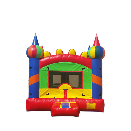 Colorful B-486 Party Bounce Castle with red, blue, and green sections and tall spires, set against a white background. Colorful B-486 Party Bounce Castle with red, blue, and green sections and tall spires, set against a white background.