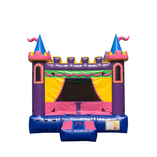 Colorful purple and pink bounce house with castle towers and a large entrance, ideal for outdoor events. Colorful purple and pink bounce house with castle towers and a large entrance, ideal for outdoor events.