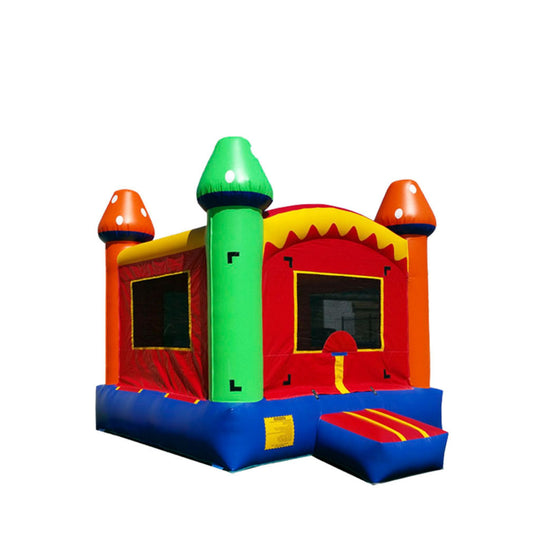 Colorful Shroomy Bounce house featuring green towers and orange mushroom accents, set against a white background. Colorful Shroomy Bounce house featuring green towers and orange mushroom accents, set against a white background.