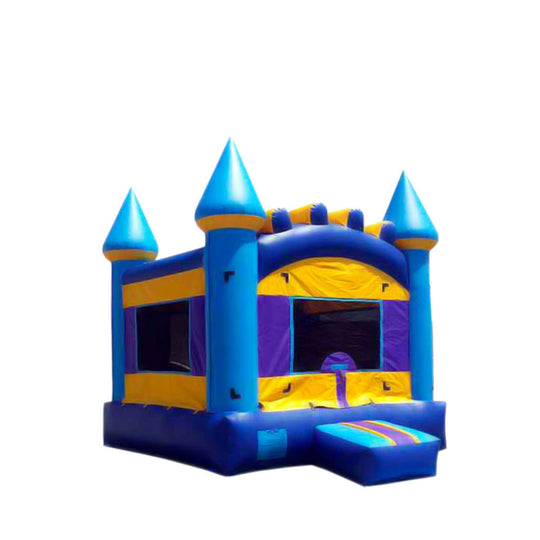 Bright blue and yellow commercial bounce house for sale featuring castle-like towers and a large entrance ramp. Bright blue and yellow commercial bounce house for sale featuring castle-like towers and a large entrance ramp.