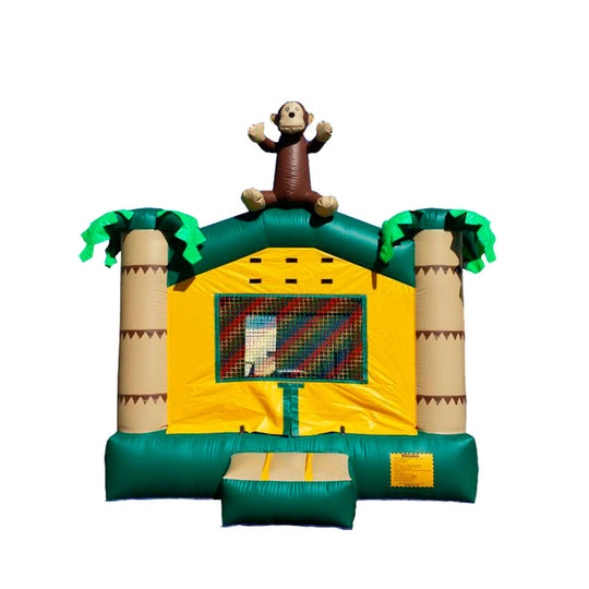 Colorful monkey-themed commercial bounce house for sale featuring green and yellow design with palm trees and a monkey on Colorful monkey-themed commercial bounce house for sale featuring green and yellow design with palm trees and a monkey on