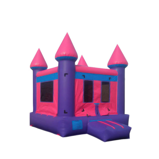 A vibrant pink and purple commercial bounce house featuring four tall spires and a slide. A vibrant pink and purple commercial bounce house featuring four tall spires and a slide.