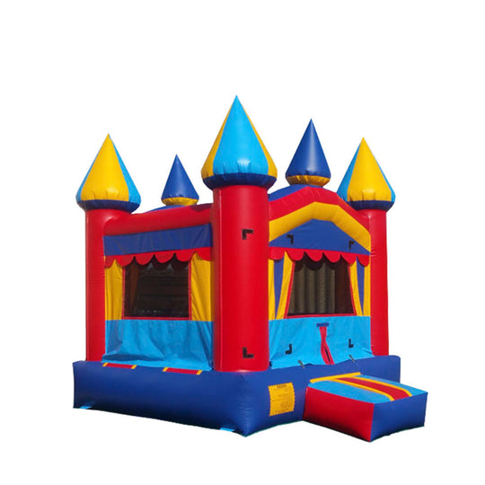 Colorful bounce house featuring red, blue, and yellow with castle-like towers, ideal for outdoor fun. Colorful bounce house featuring red, blue, and yellow with castle-like towers, ideal for outdoor fun.