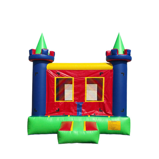 Colorful commercial bounce house for sale featuring blue and red walls with green towers and a bright yellow trim. Colorful commercial bounce house for sale featuring blue and red walls with green towers and a bright yellow trim.
