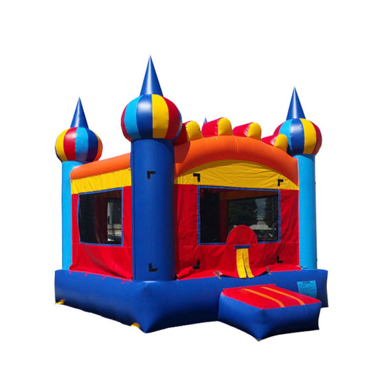 Colorful Jolly Jumper bounce house featuring blue, red, and yellow with tall spires, ideal for outdoor fun. Colorful Jolly Jumper bounce house featuring blue, red, and yellow with tall spires, ideal for outdoor fun.