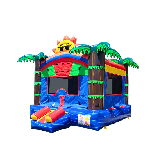 Colorful commercial bounce house for sale featuring tropical palm trees and a sun design, set against a white background. Colorful commercial bounce house for sale featuring tropical palm trees and a sun design, set against a white background.
