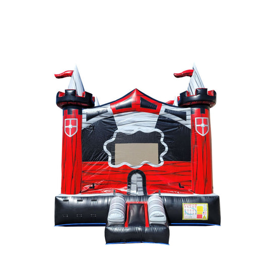 Red and black medieval castle bounce house featuring turrets and flags, ideal for outdoor events. Red and black medieval castle bounce house featuring turrets and flags, ideal for outdoor events.