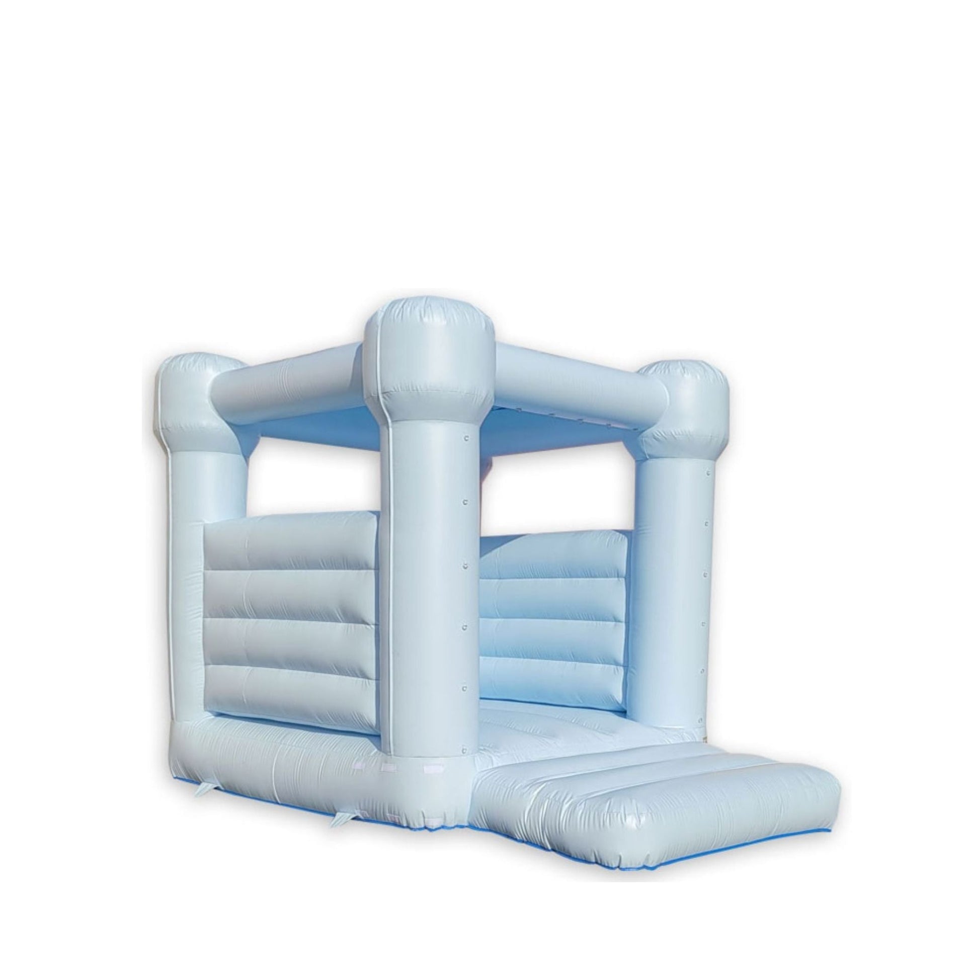 Pastel blue decorative bounce house with a simple design and entrance ramp, suitable for outdoor events. Pastel blue decorative bounce house with a simple design and entrance ramp, suitable for outdoor events.