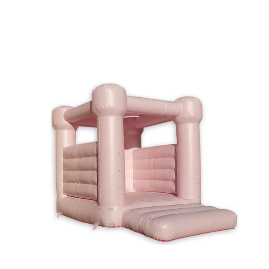 Pastel pink decorative bounce house with tall pillars and a spacious jumping area, suitable for events. Pastel pink decorative bounce house with tall pillars and a spacious jumping area, suitable for events.