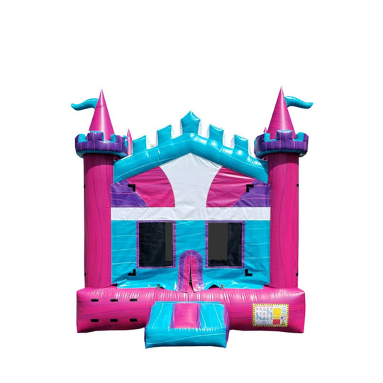 Colorful pink and blue inflatable bounce house designed like a princess castle, featuring tall towers and a slide. Colorful pink and blue inflatable bounce house designed like a princess castle, featuring tall towers and a slide.
